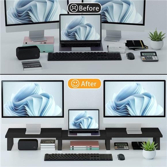 Desk Dual Monitor Stand Riser - Computer Stand, Wood Monitor Stand (Black) - Picture 5 of 6